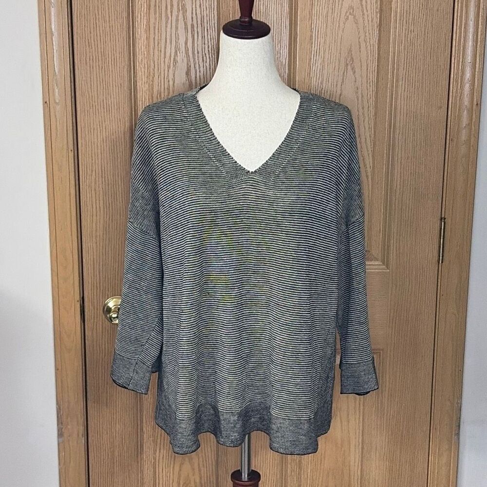 Eileen Fisher Organic Linen Striped Sweater Top L‎ Black Cream Oversized V-Neck